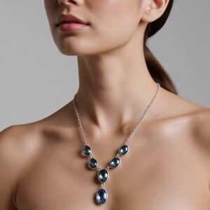 Trifari Sterling Silver Green Blue Topaz Gemstone Y Drop Necklace NWOT